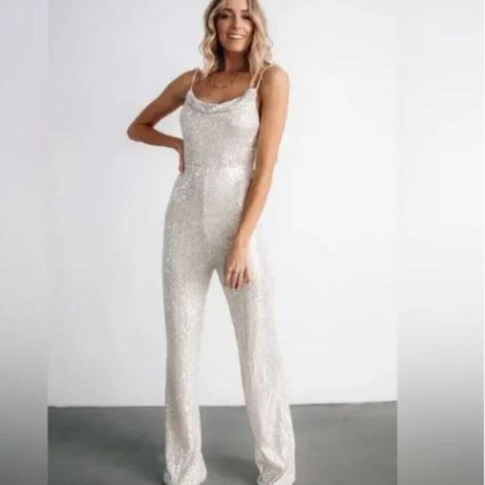 Baltic Born NWT Willett Sequin Jumpsuit Silver XL Wide Leg Drapey Party Cocktail - Picture 2 of 15
